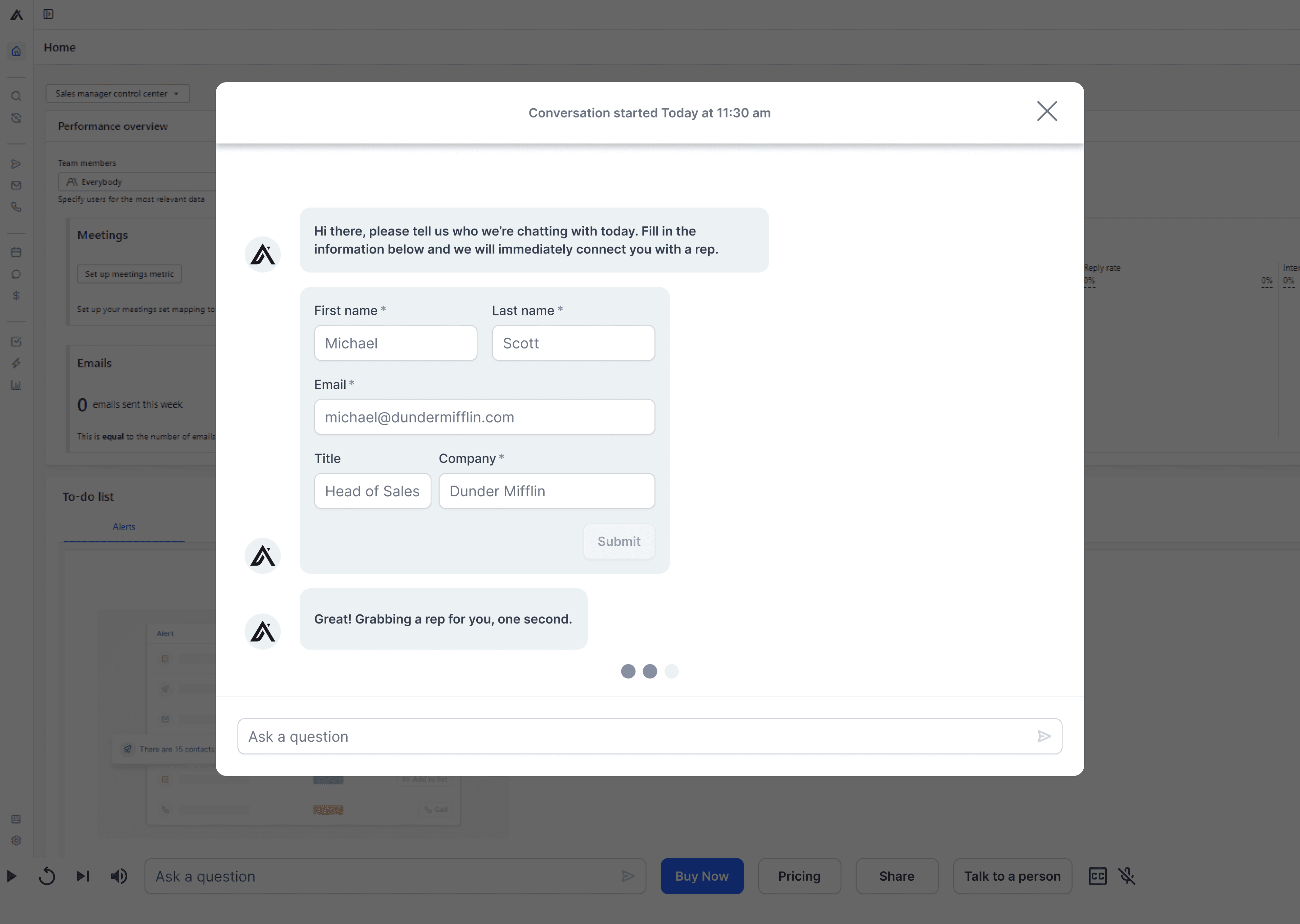 Chat with representative - filled in form